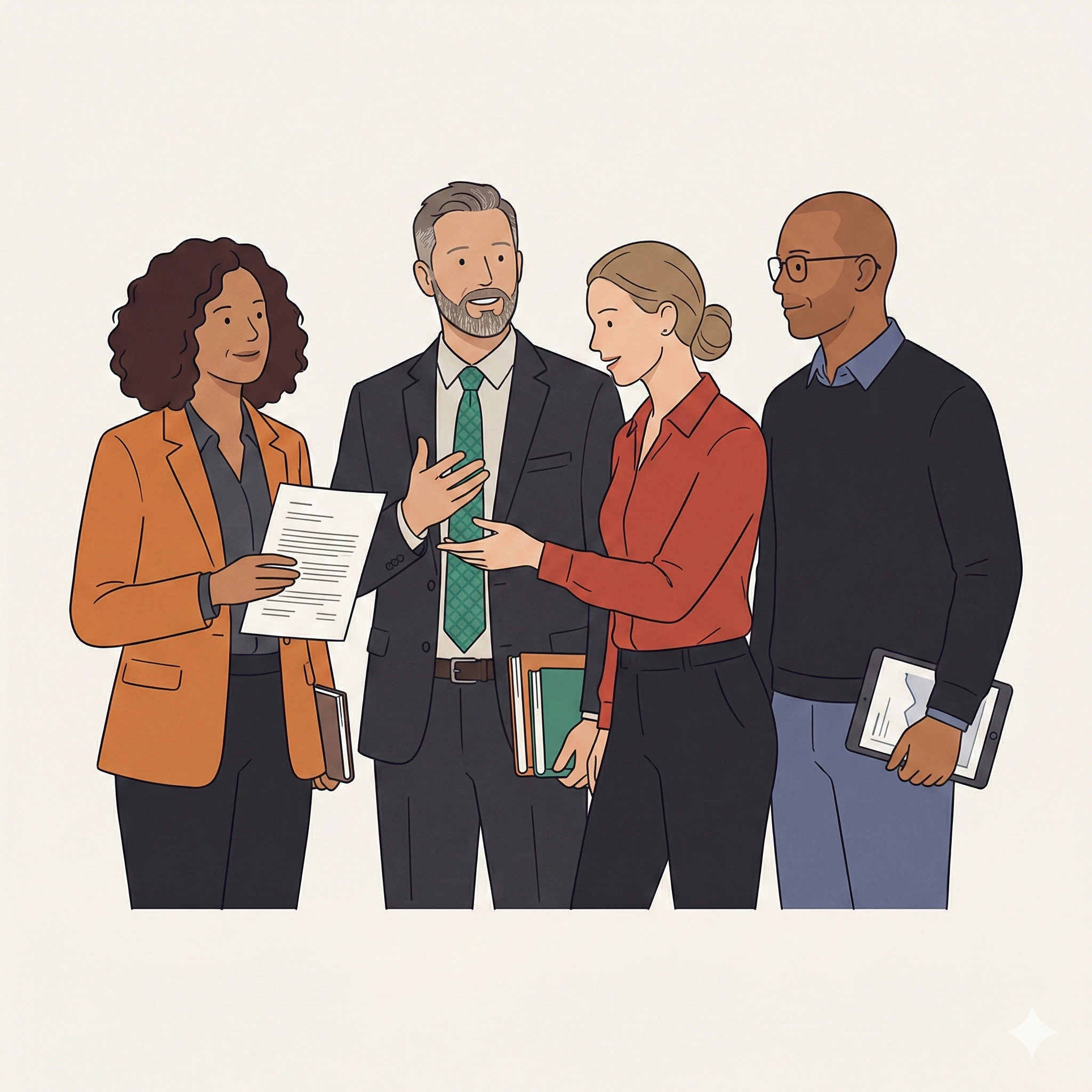 Illustration von vier Personen in den PCRR-Farben, die weitere Kontributor:innen repräsentieren